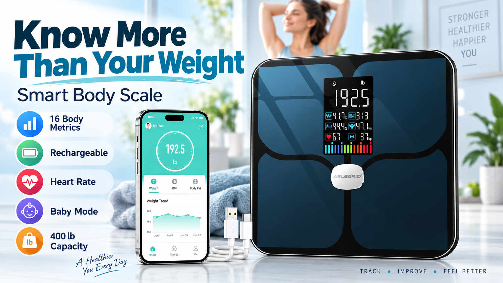 thumbnail video image 2 of ABLEGRID Smart Digital Scale for Body Weight Rechargeable, LED Display, 16 Body Composition Metrics BMI, Heart Rate, Baby Mode, 400lb, Black, 2 of 8