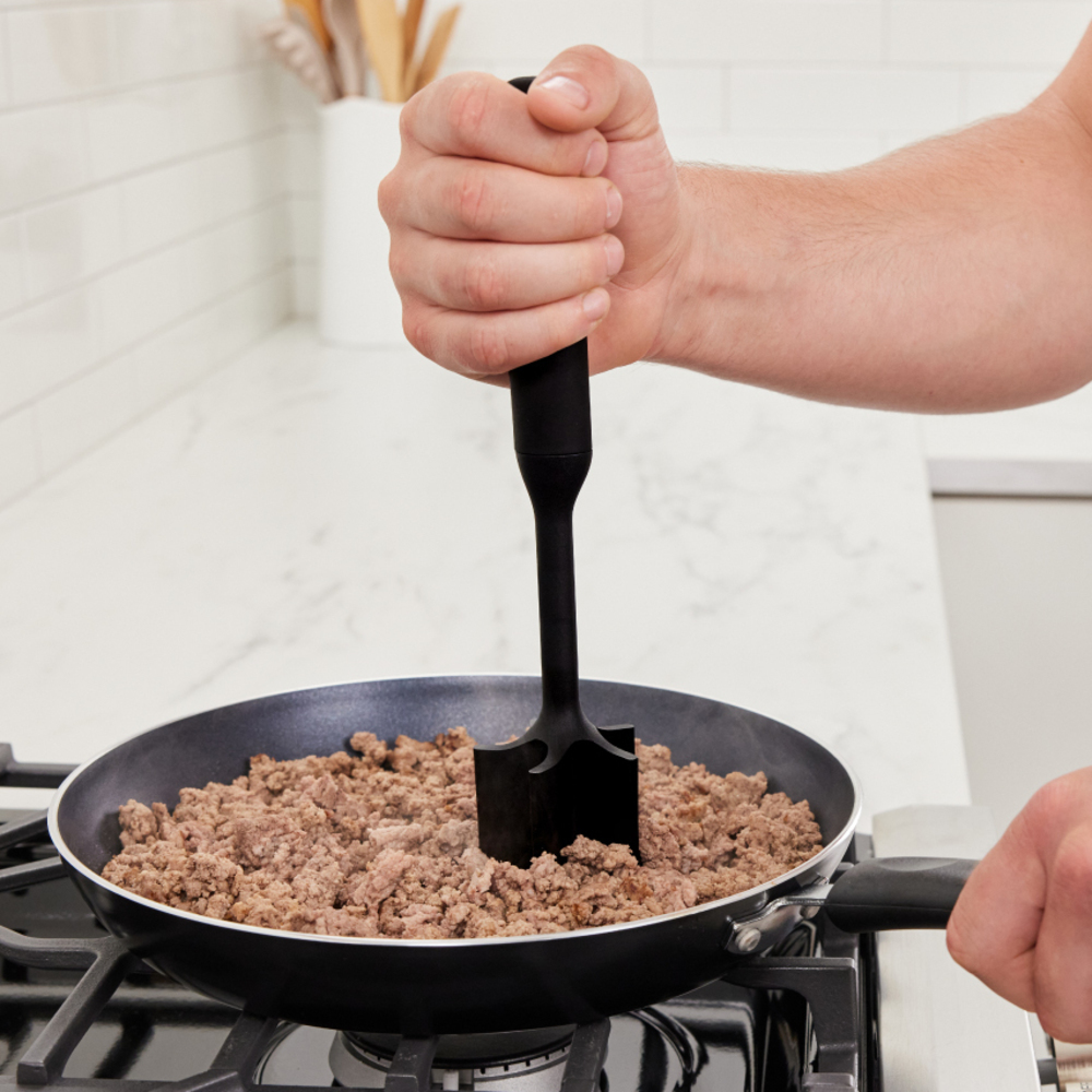 thumbnail video image 2 of GORILLA GRIP Food Chopper, Ground Meat Smasher, Patented, Heat Resistant, Soft Silicone Handle Black, 2 of 10