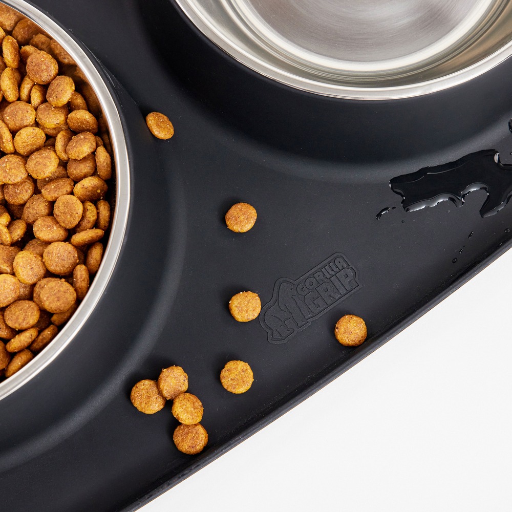 thumbnail video image 2 of GORILLA GRIP Dog Bowls Feeding Mat Set, Food Grade 304 Stainless Steel Bowl, Raised Edge Silicone, 1 Cup, Beige, 2 of 10