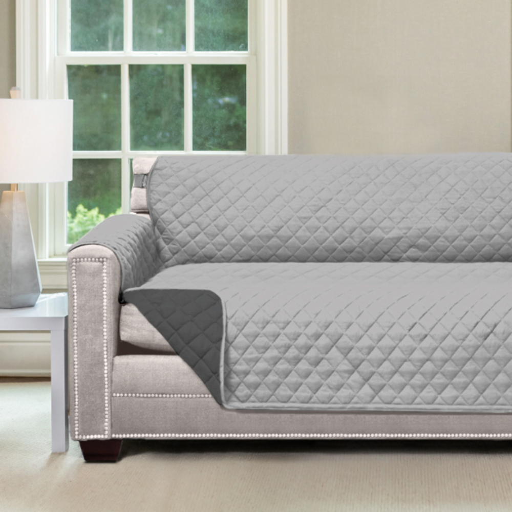 thumbnail video image 2 of Sofa Shield Couch Slip Cover with Strap, Large Cushion Protector for 70" Seat, Light Gray White, 2 of 10