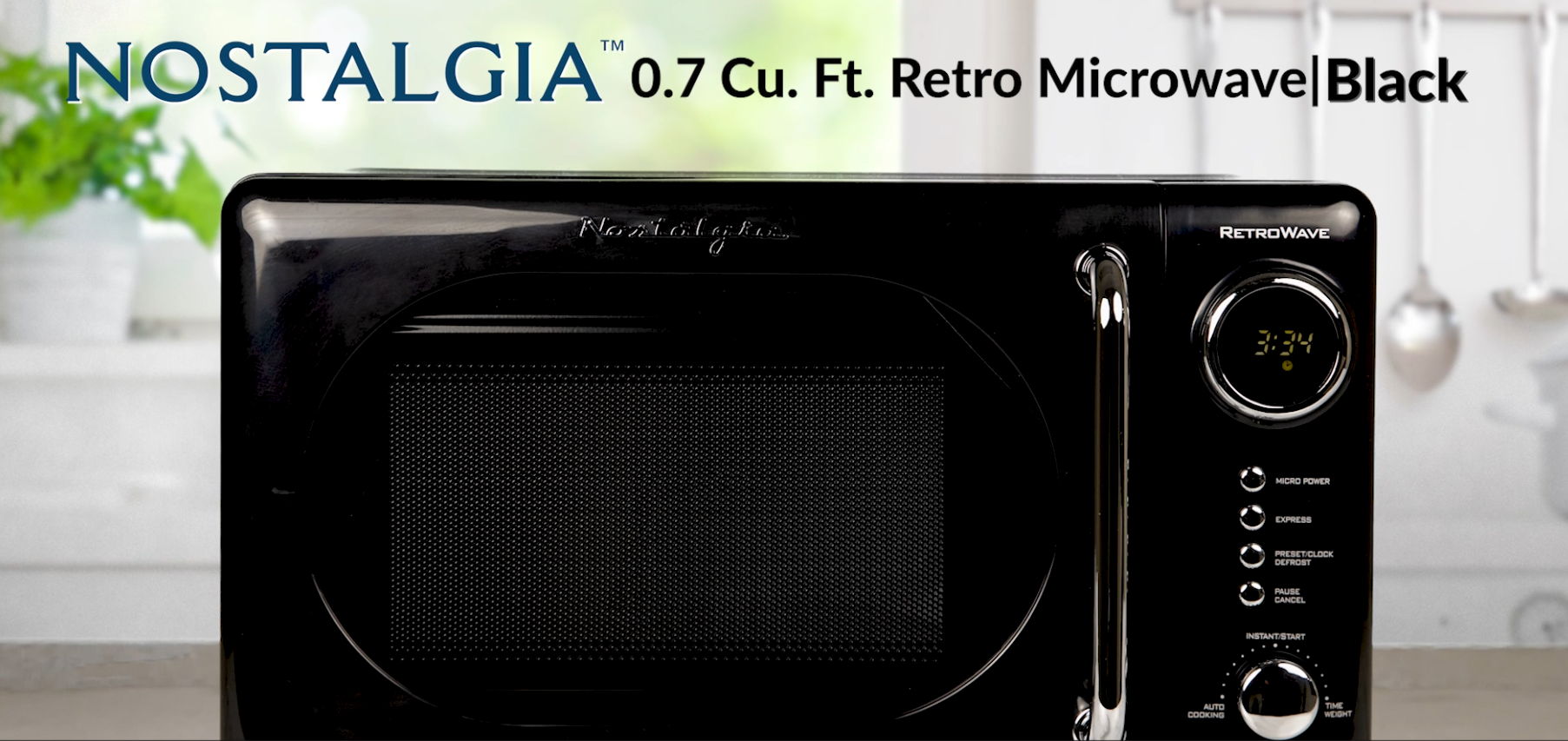 thumbnail video image 2 of Nostalgia 0.7 cu ft Retro Microwave Oven, 700W Countertop Microwave Oven with LED Display, Black, 2 of 7